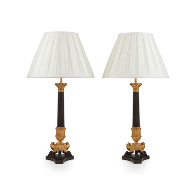 Lot 190 - PAIR OF LARGE REGENCY PATINATED AND GILT BRONZE LAMPS