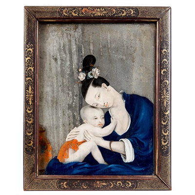 Lot 45 - REVERSE GLASS MIRROR PAINTING OF MOTHER AND CHILD