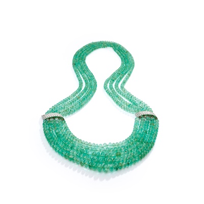 Lot 58 - An emerald and diamond bead necklace