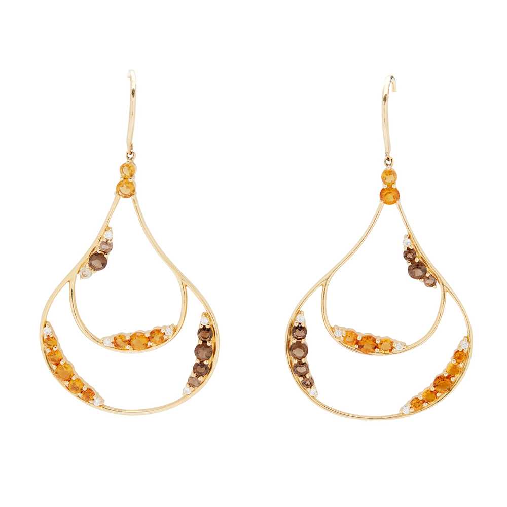Lot 257 - A pair of citrine and diamond pendent earrings