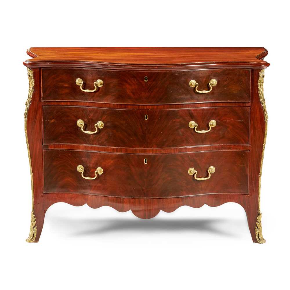 Lot 76 - GEORGE III MAHOGANY AND GILT METAL MOUNTED SERPENTINE COMMODE, ATTRIBUTED TO HENRY HILL OF MARLBOROUGH
