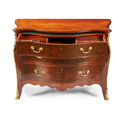Lot 76 - GEORGE III MAHOGANY AND GILT METAL MOUNTED SERPENTINE COMMODE, ATTRIBUTED TO HENRY HILL OF MARLBOROUGH