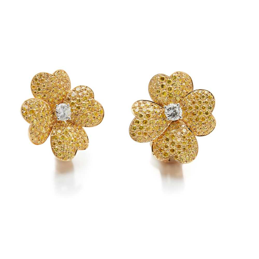 Lot 127 - A pair of diamond and coloured diamond 'Cosmos' earrings, by Van Cleef & Arpels