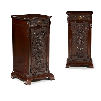 Lot 267 - PAIR OF EDWARDIAN  CARVED MAHOGANY URN STANDS, BY MAPLE & CO.