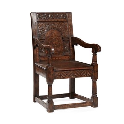 Lot 2 - CHARLES II OAK AND MARQUETRY ARMCHAIR