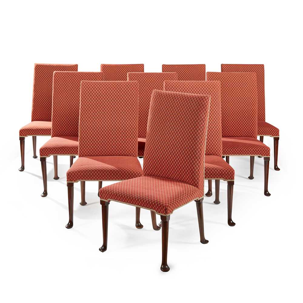 Lot 20 - SET OF TEN GEORGIAN STYLE UPHOLSTERED MAHOGANY DINING CHAIRS