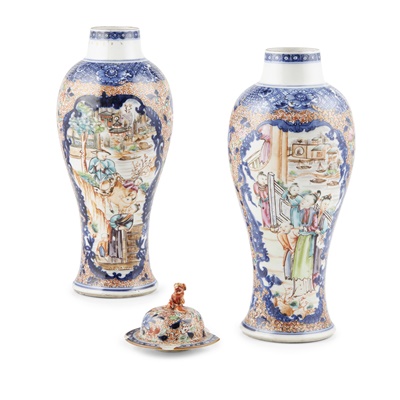 Lot 207 - PAIR OF BLUE AND WHITE WITH FAMILLE ROSE VASES WITH ONE LID