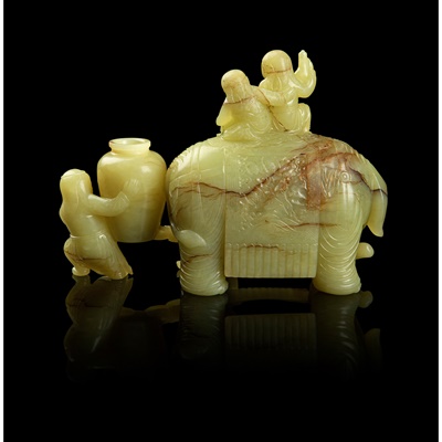 Lot 111 - YELLOWISH CELADON JADE CARVING OF ELEPHANT AND BOYS