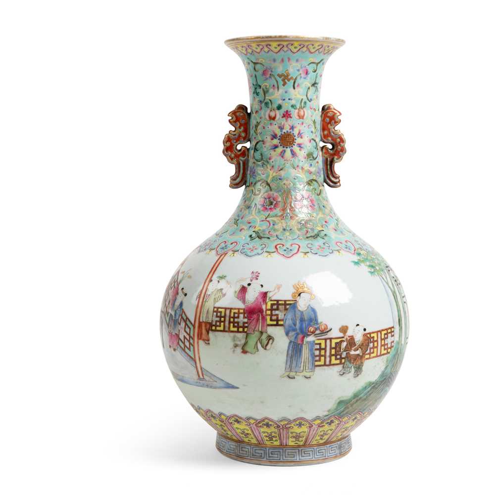 Lot 245 - TURQUOISE-GROUND FAMILLE ROSE 'BOYS AT PLAY' VASE