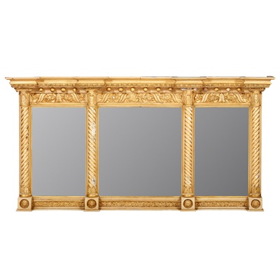 Lot 149 - REGENCY CREAM PAINTED AND PARCEL-GILT TRIPTYCH OVERMANTEL MIRROR
