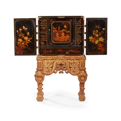 Lot 10 - BLACK JAPANNED CHINOISERIE SMALL CABINET-ON-STAND