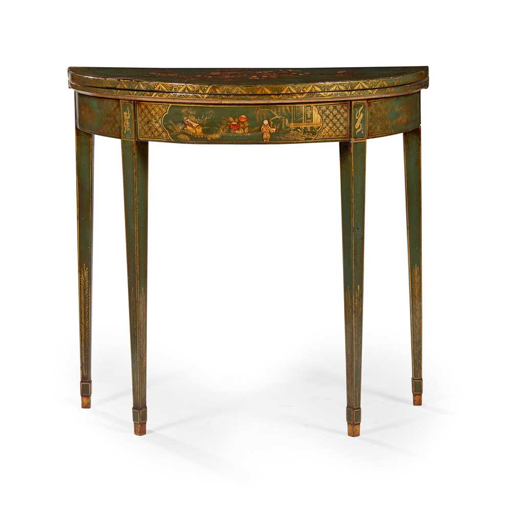 Lot 38 - LATE GEORGE III GREEN JAPANNED DEMI-LUNE GAMES TABLE