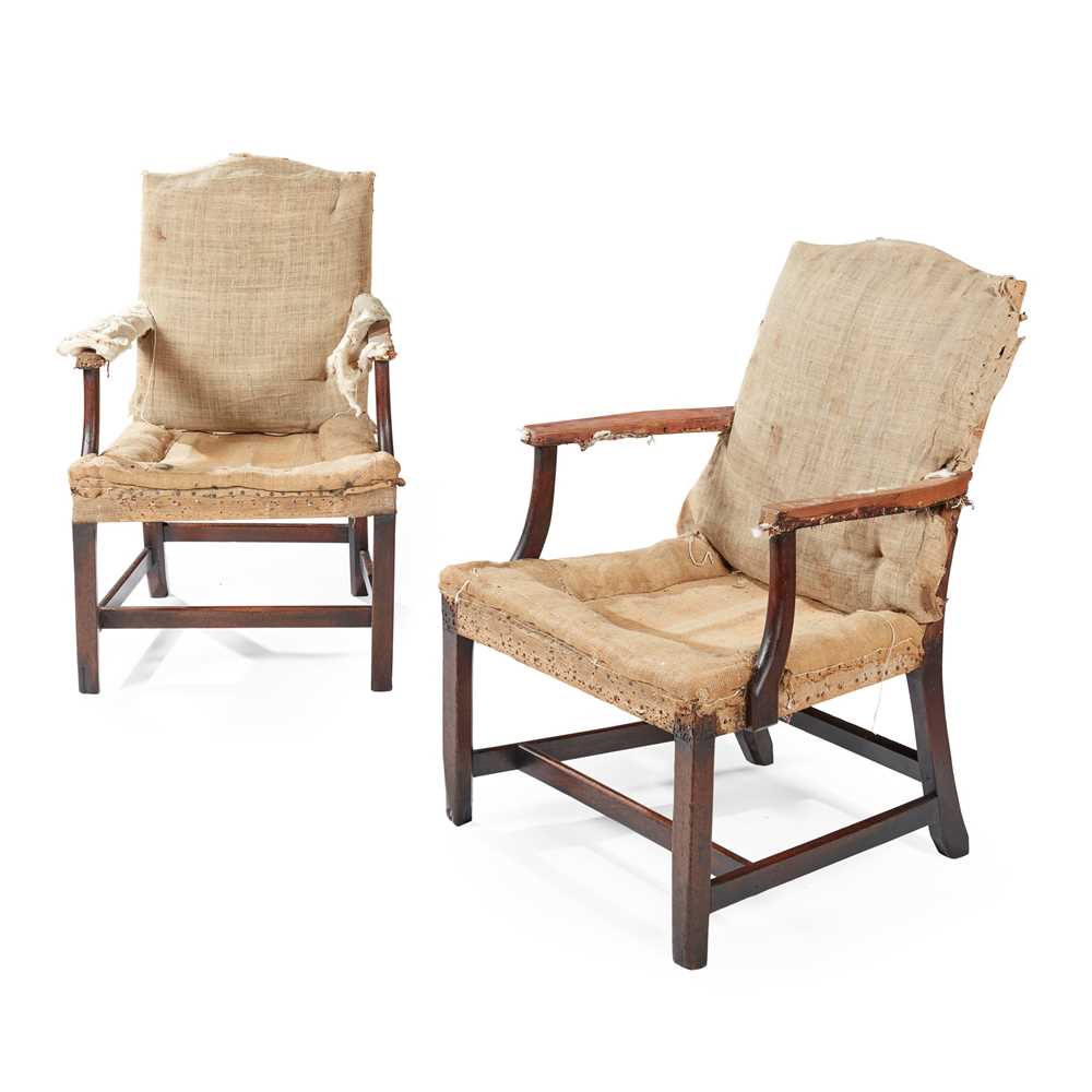 Lot 100 - PAIR OF GEORGE III MAHOGANY FRAMED LIBRARY ARMCHAIRS