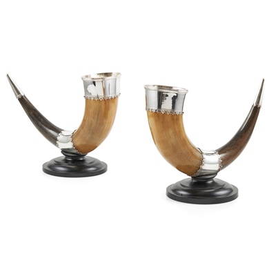 Lot 254 - PAIR OF SILVER-PLATE MOUNTED HORN CUPS