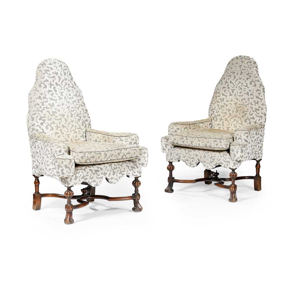 Lot 16 - PAIR OF WILLIAM AND MARY STYLE UPHOLSTERED WALNUT ARMCHAIRS