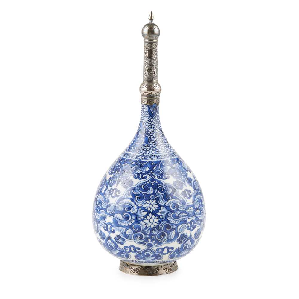Lot 205 - BLUE AND WHITE SILVER-MOUNTED ROSEWATER SPRINKLER