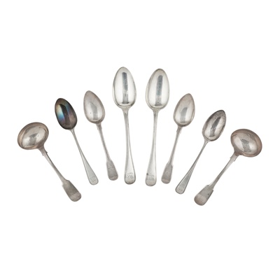 Lot 67 - A set of six George III tablespoons and other flatware