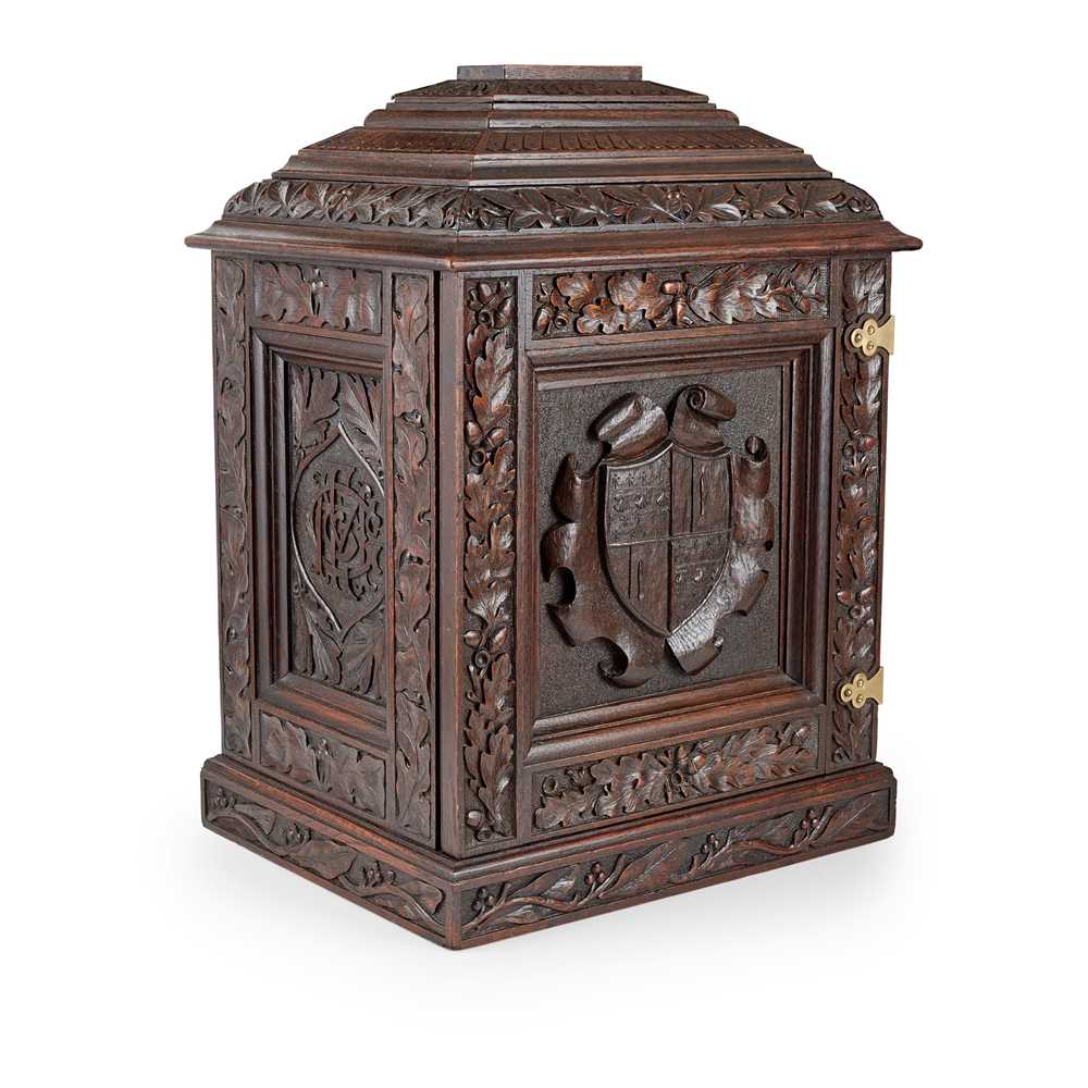 Lot 334 - LARGE VICTORIAN CARVED OAK TABLE CABINET/ HUMIDOR