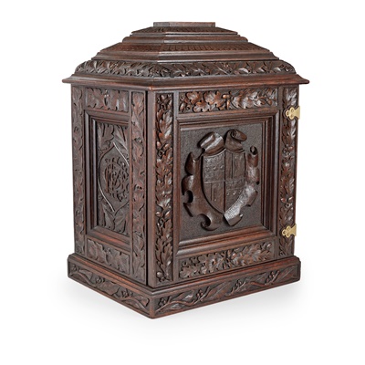 Lot 334 - LARGE VICTORIAN CARVED OAK TABLE CABINET/ HUMIDOR