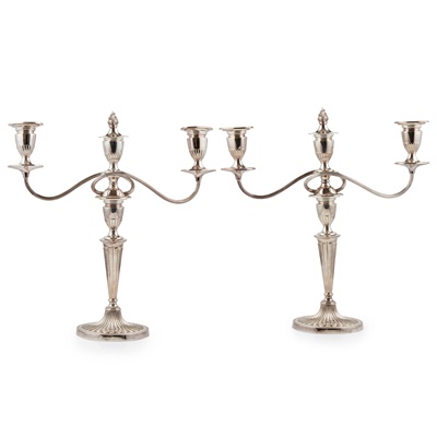 Lot 1 - A pair of plated three light candelabra
