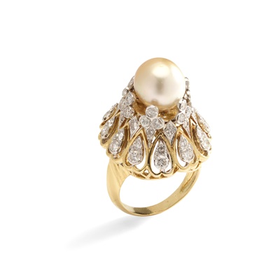 Lot 380 - A cultured pearl and diamond dress ring, by Corletto