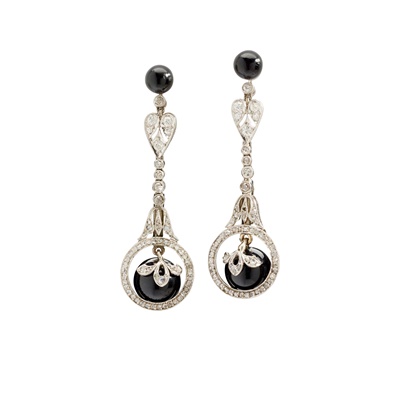Lot 358 - A pair of onyx and diamond pendent earrings
