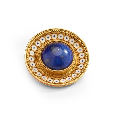 Lot 215 - A late 19th Century lapis lazuli and enamel brooch, by Robert Phillips