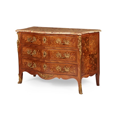Lot 573 - LOUIS XV KINGWOOD, AMARANTH AND MARQUETRY MARBLE TOPPED COMMODE, BY PIERRE FLÉCHY