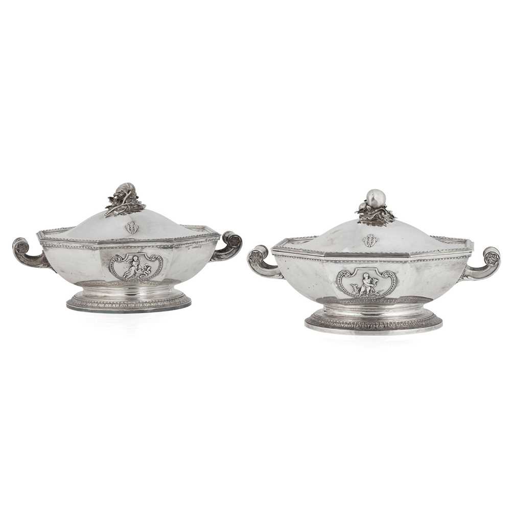Lot 9 - A pair of late 19th-Century Austrian twin handled vegetable tureens, liners and covers