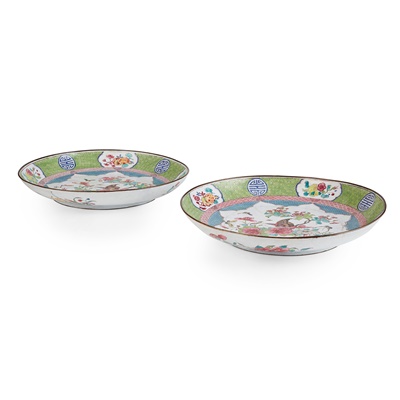 Lot 38 - PAIR OF PAINTED CANTON ENAMEL 'FLOWERS AND BUTTERFLIES' PLATES