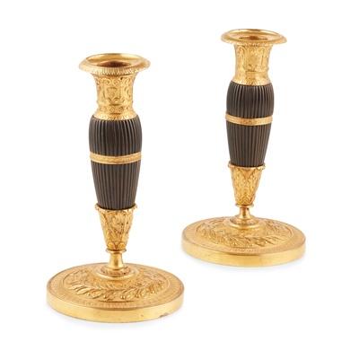 Lot 529 - PAIR OF SMALL FRENCH GILT AND PATINATED BRONZE CANDLESTICKS