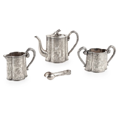 Lot 37 - CASED CHINESE EXPORT SILVER THREE-PIECE TEA SERVICE WITH SUGAR TONGS