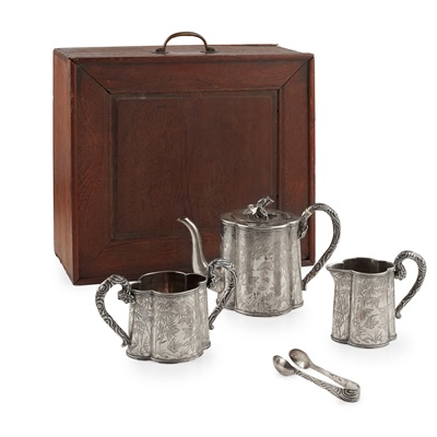 Lot 37 - CASED CHINESE EXPORT SILVER THREE-PIECE TEA SERVICE WITH SUGAR TONGS
