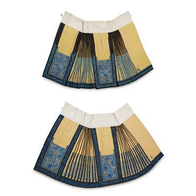 Lot 10 - TWO HAN CHINESE WOMAN'S EMBROIDERED YELLOW SILK PLEATED SKIRTS