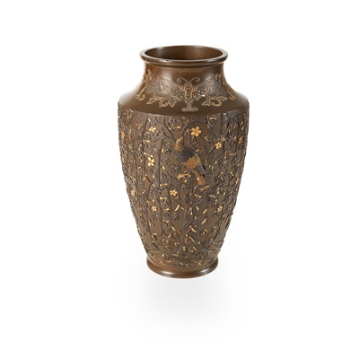 Lot 278 - PATINATED BRONZE VASE WITH MIXED METAL ACCENTS