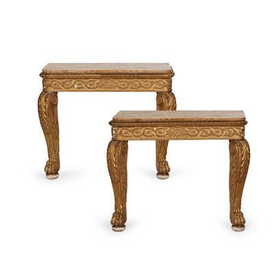Lot 149 - PAIR OF IRISH GEORGE III GILTWOOD, GESSO AND MARBLE TOPPED CONSOLE TABLES