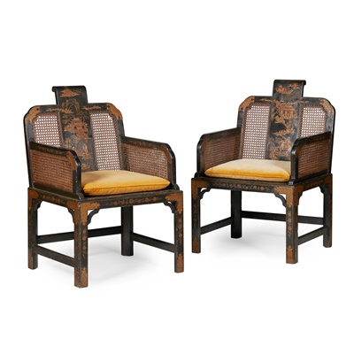 Lot 366 - PAIR OF EDWARDIAN BLACK LACQUER 'CHINESE' BERGERES