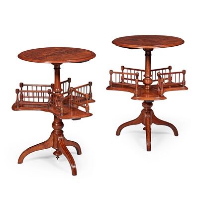 Lot 342 - PAIR OF LATE VICTORIAN BURR WALNUT AND THUYA REVOLVING BOOK STANDS