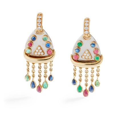 Lot 285 - A pair of multi-gem pendant earrings