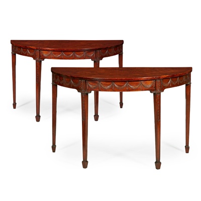 Lot 85 - PAIR OF GEORGE III MAHOGANY DEMILUNE SIDE TABLES