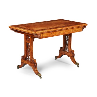 Lot 309 - WILLIAM IV OLIVE WOOD, EBONY AND INLAY WRITING TABLE, ATTRIBUTED TO TOWN AND EMANUEL