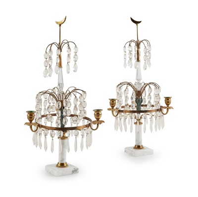 Lot 528 - PAIR OF BALTIC STYLE BRASS, MARBLE AND CRYSTAL CANDELABRA