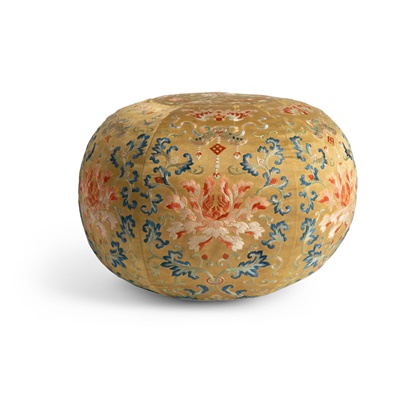 Lot 11 - YELLOW-GROUND EMBROIDERED SILK 'LOTUS' SPHERICAL ELBOW CUSHION