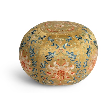Lot 11 - YELLOW-GROUND EMBROIDERED SILK 'LOTUS' SPHERICAL ELBOW CUSHION