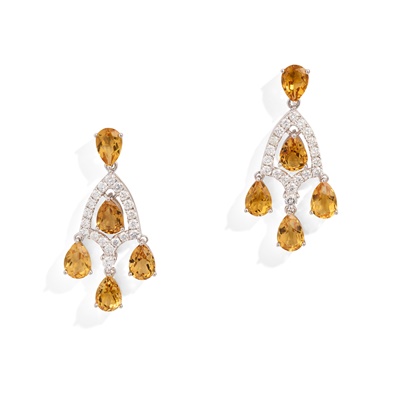 Lot 43 - A pair of citrine and diamond pendent earrings