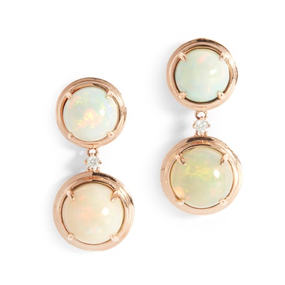 Lot 292 - A pair of opal and diamond pendent earrings