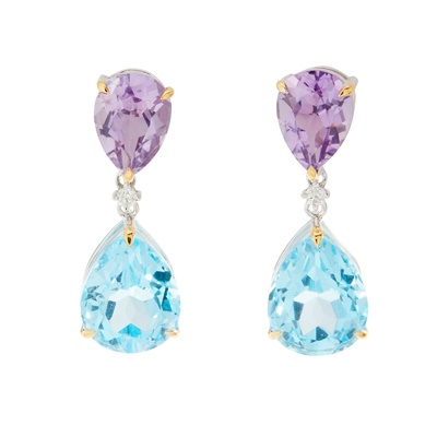 Lot 280 - A pair of amethyst, topaz and diamond pendent earrings