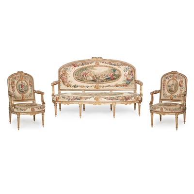 Lot 517 - FINE ELEVEN-PIECE SUITE OF LOUIS XVI PAINTED AND PARCEL-GILT AUBUSSON COVERED SEAT FURNITURE