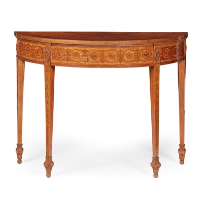 Lot 161 - PAIR OF GEORGE III SATINWOOD AND MARQUETRY DEMILUNE CONSOLE TABLES, ATTRIBUTED TO THOMAS CHIPPENDALE