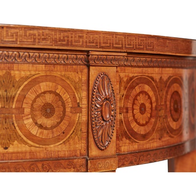 Lot 161 - PAIR OF GEORGE III SATINWOOD AND MARQUETRY DEMILUNE CONSOLE TABLES, ATTRIBUTED TO THOMAS CHIPPENDALE